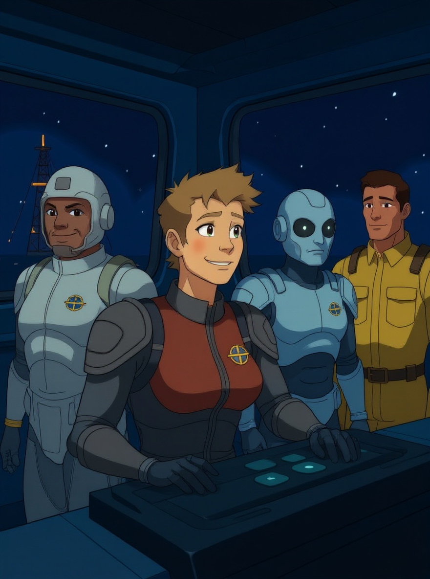 Jake and Ace materialize on the burning platform: Ace in air-ops kit with a heavy anchor, Jake in Fireforce with one seabed leg. Background: flames, panicked workers.