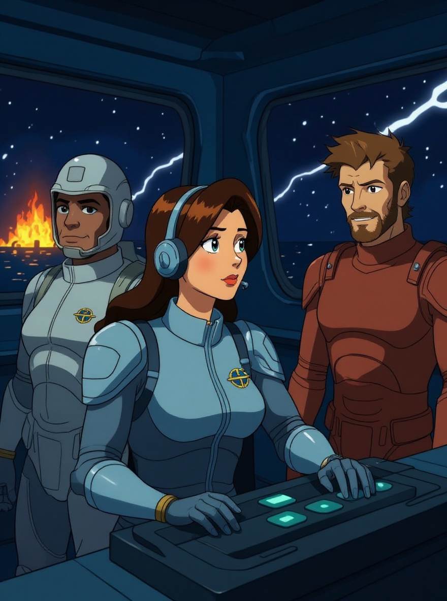 Sky Vault control room at night: Crystal Kane at consoles, beam-down columns ready. Through the viewport, a burning ocean platform below, storm clouds swirling. Chromed AWS modules hover in light. Crystal is focused, Max Ray stands ready in blue armor, Ace McCloud balances a helmet, Jake Rockwell arms crossed.