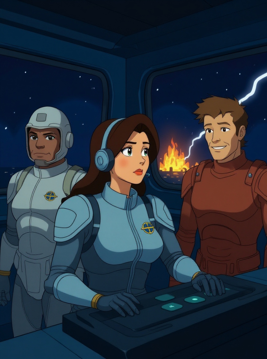 Beam-down columns fire. Max Ray is mid-transit, but his AWS docks wrong: brown and silver modules mix with blue. He staggers, surprise and confusion on his face.