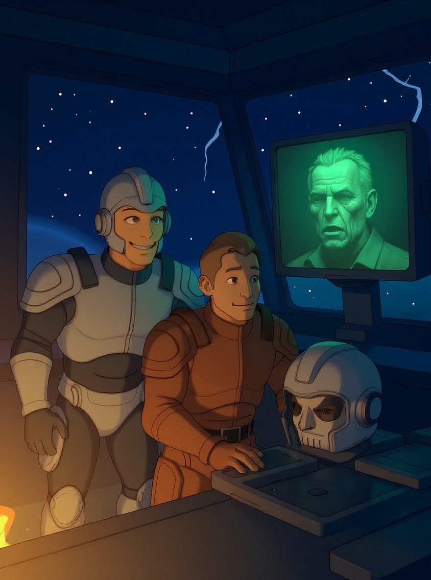 Sky Vault above Earth: Crystal Kane looks out a viewport, thoughtful. Doc Terror’s green glare lingers on a small monitor, fading.