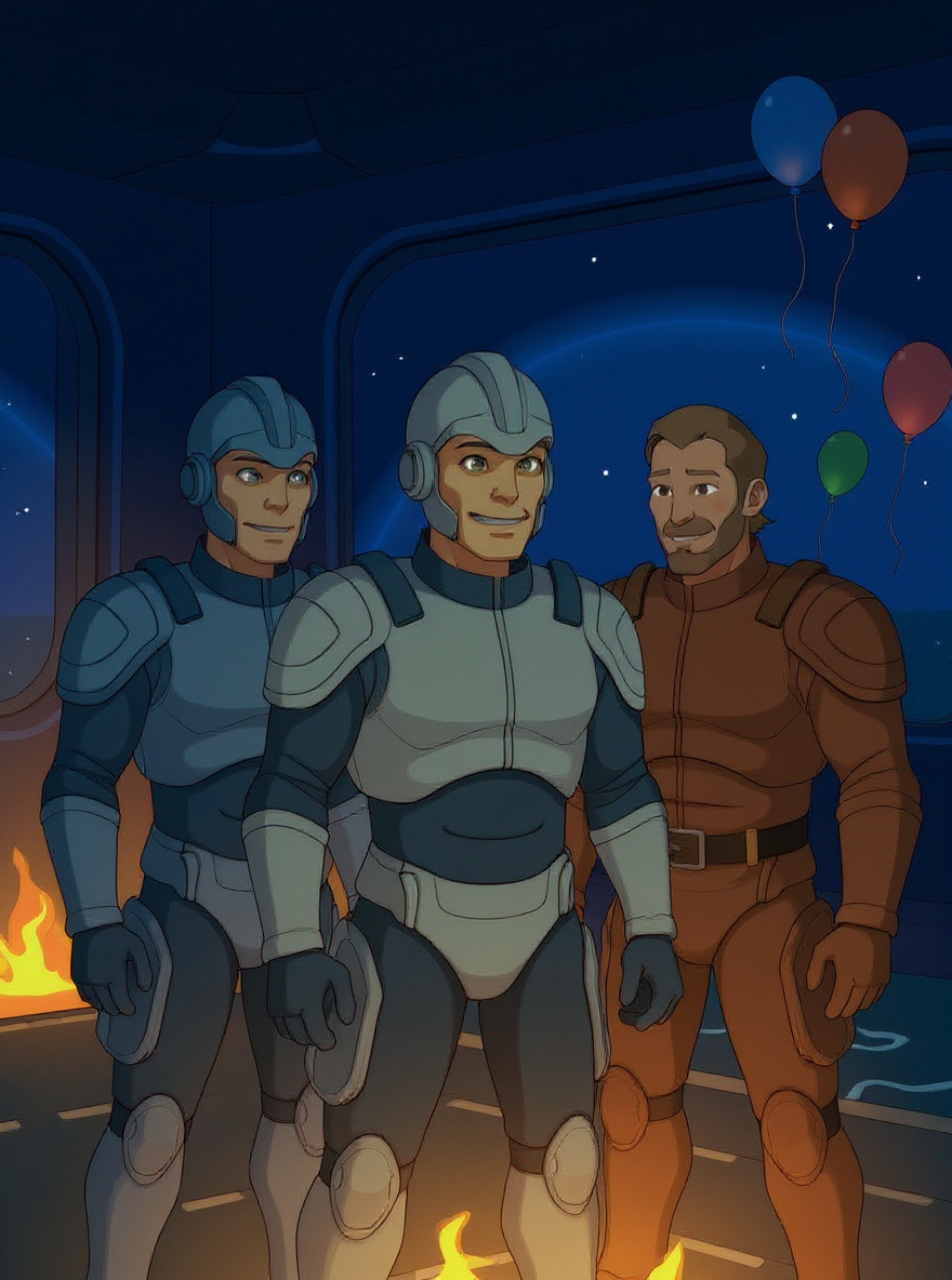 Energy beams arc down—Max, Ace, and Jake’s gear snaps into correct colored modules in a flash of light. They stand ready, new confidence.