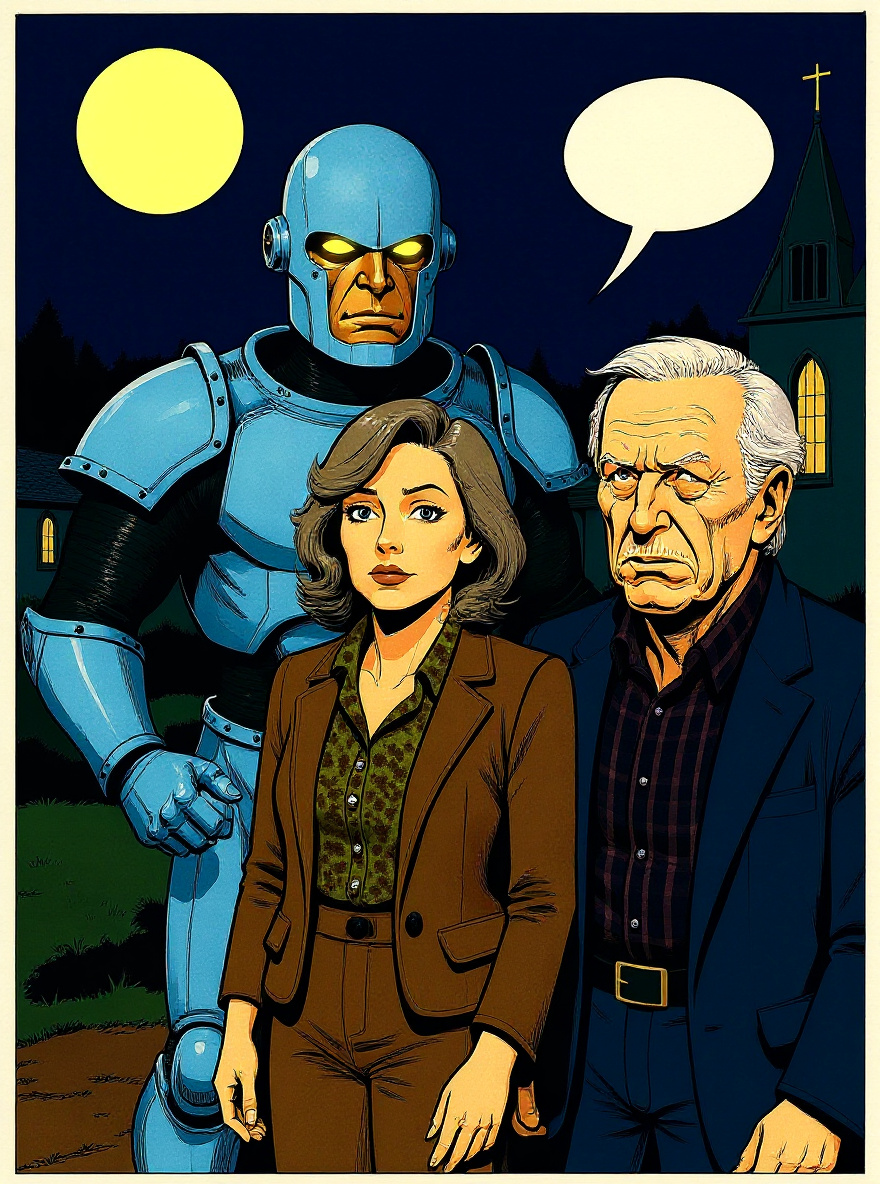 Rom raises the Neutralizer, weapon glowing. The choir recoils, some faces starting to twist subtly—hint of yellow in eyes. Brandy braces herself.