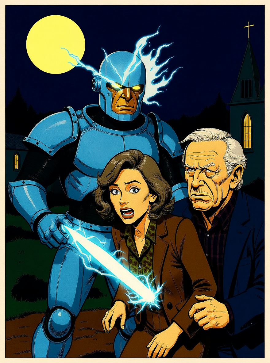 The Neutralizer blazes—white-cyan beam splits the nave. Some choir members stagger, their faces morphing in stylized ink into horned, crimson Wraith forms; others shield their eyes, frightened humans. Brandy cowers behind a pew.