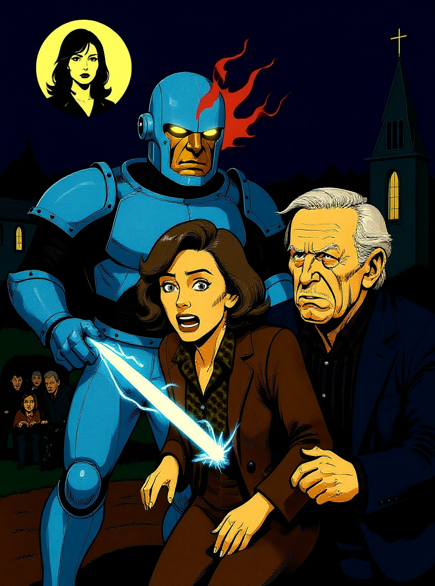 Church interior: pews scorched, some townsfolk huddled in fear, Rom stands tall in moon-silver armor, the Neutralizer lowered but still glowing. Brandy stands beside him, holding his armored hand. Night visible through blown-out window. The Wraithqueen’s shadow lingers in the loft.