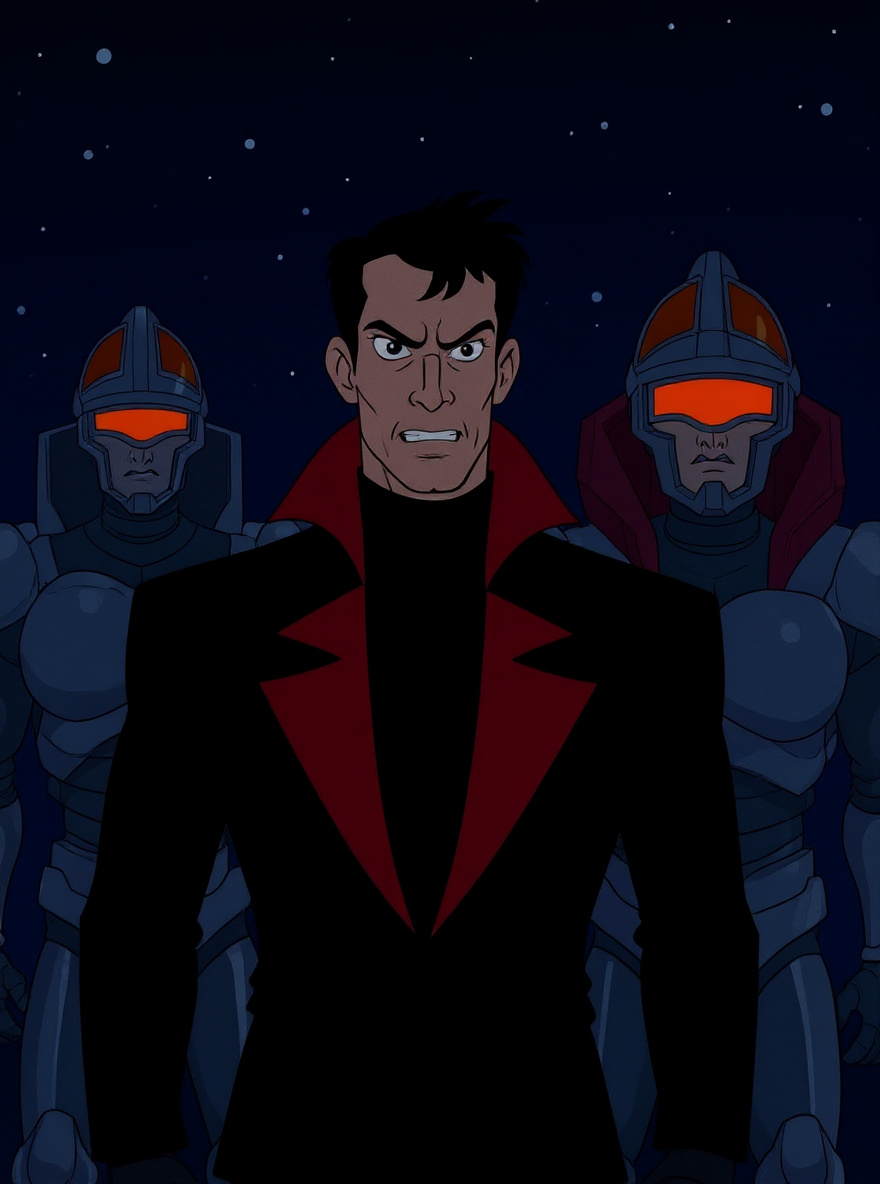 Mayhem, half-shadowed, watches from afar, a sly smile on his scarred face.