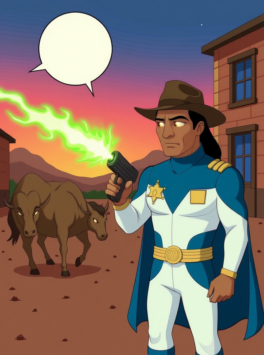 BraveStarr, eyes shining, stands at the center of Fort Kerium’s street. He aims his sidearm at a charging buffalo with a glowing amulet, green fire swirling. Thirty/Thirty stands back-to-back with him, rifle ready. Magic and dust fill the scene. Pink dusk overhead.
