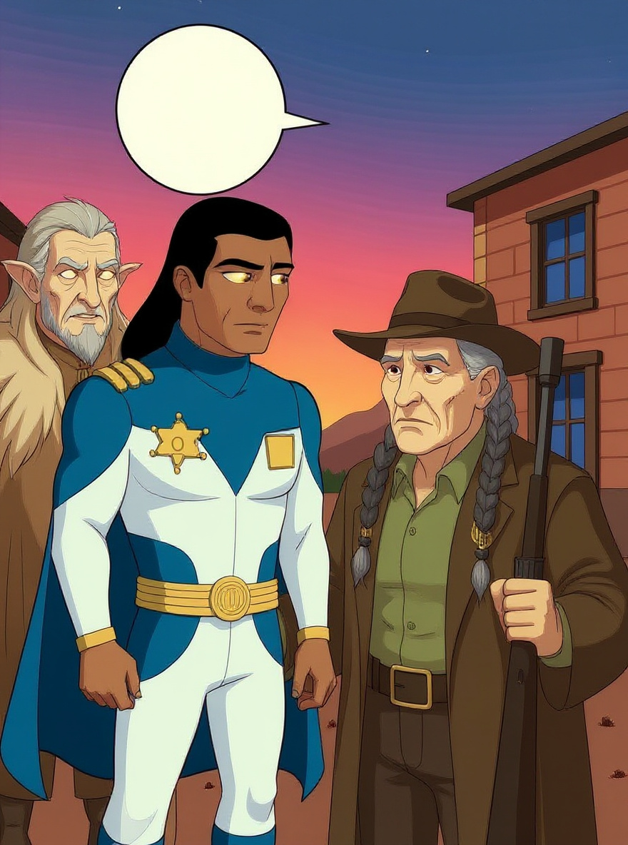 A sudden flash as spirit power flows into BraveStarr, his eyes glowing gold with the Hawk. The elder stands solemn. The mesa and town far behind.