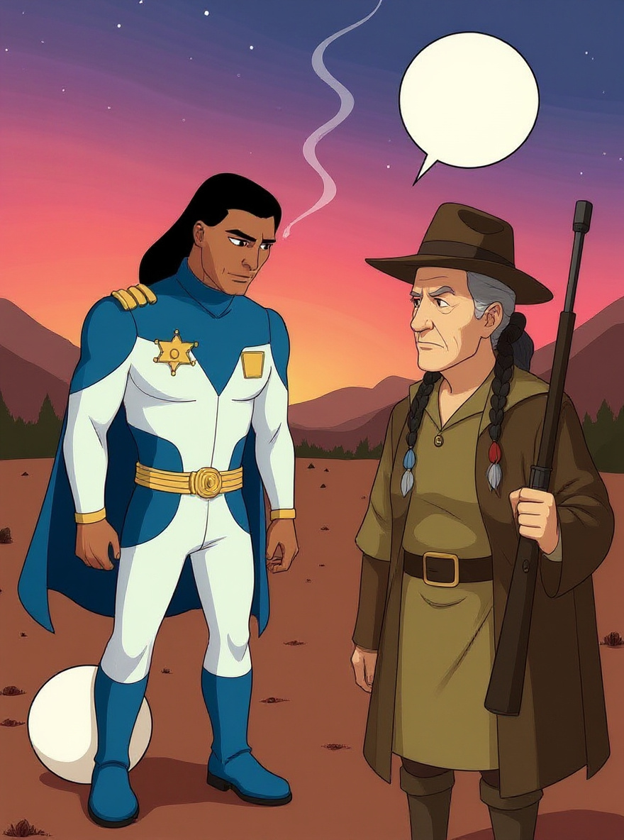 Close on BraveStarr bowing his head contritely before the elder. She gazes down, unreadable, feathers catching the light. The sunset glows behind.