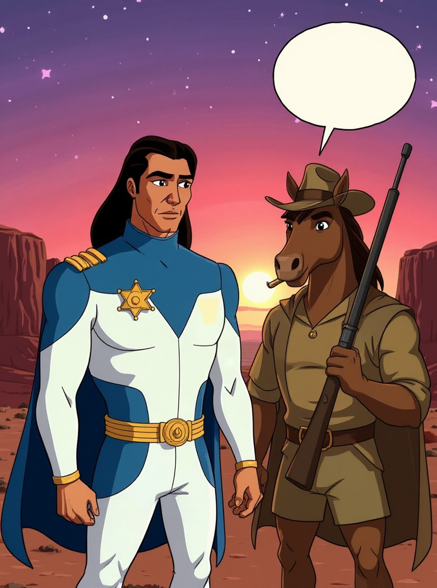 Marshal BraveStarr stands outside Fort Kerium at sunset, face tense, with Thirty/Thirty nearby. The desert glows pink-orange, mesas and dust in the background. BraveStarr's uniform is white and blue, Thirty/Thirty is a bipedal brown stallion in a poncho with a rifle and hat. The sky is wide and magenta, hard sunlight and shadow. No other people visible.