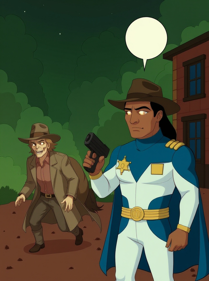 J.B. stands beside BraveStarr and Thirty/Thirty in the street, relieved. Dust is settling, the sun almost gone. In the background, Tex Hex flees into deep green fog. Above, a hawk spirit circles in the sky.
