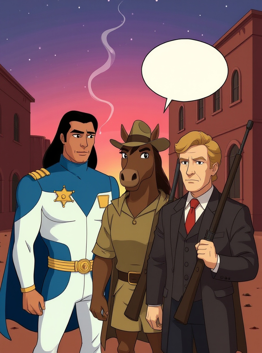 Thirty/Thirty claps a hand on BraveStarr’s shoulder, gruff but supportive. BraveStarr looks anxious, J.B. frowning at them both. Dust swirls at their feet.