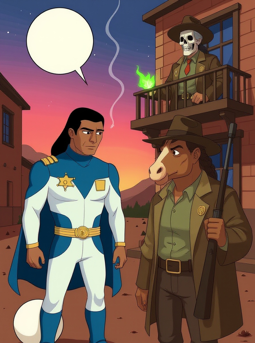 Behind Fort Kerium, Tex Hex stands on a saloon balcony, arms raised, green fire swirling about him. Buffalo stampede stirs up dust below. The street is tense.