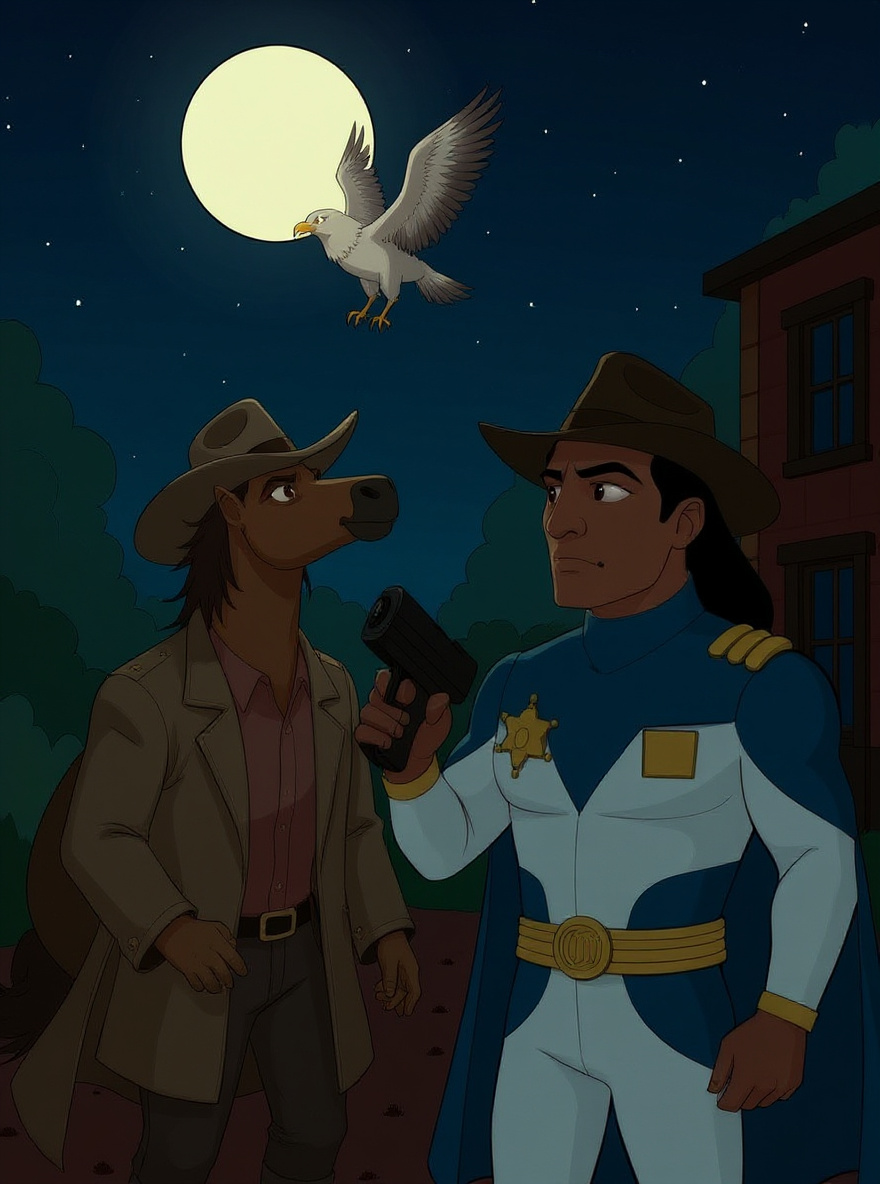 BraveStarr watches the hawk spirit circle overhead, thoughtful. Thirty/Thirty leans on his rifle, grinning. The sky is deep purple, stars emerging.