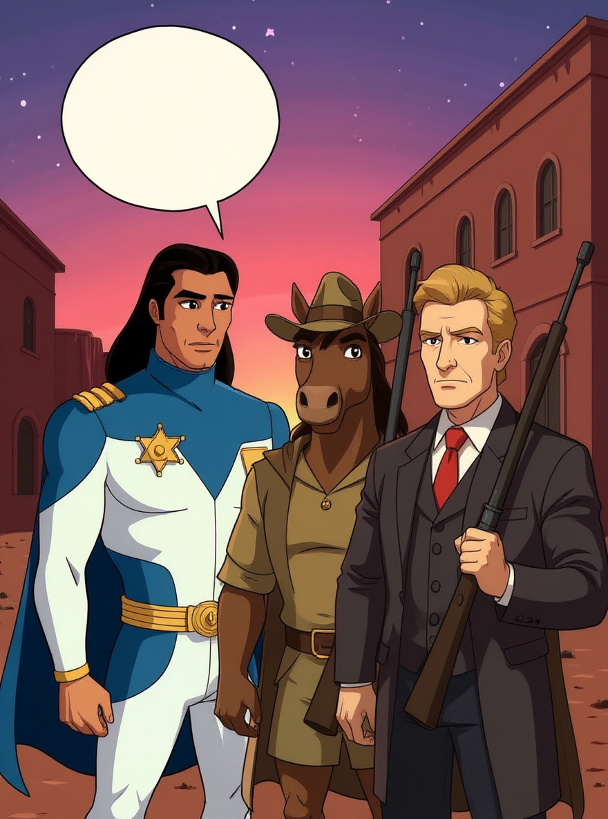 BraveStarr stands close to Thirty/Thirty on the main street, looking uneasy. J.B. McBride rushes in, coat swirling, concern on her face. Early sunset, town buildings line the street. BraveStarr tries to focus, Thirty/Thirty looks alert.