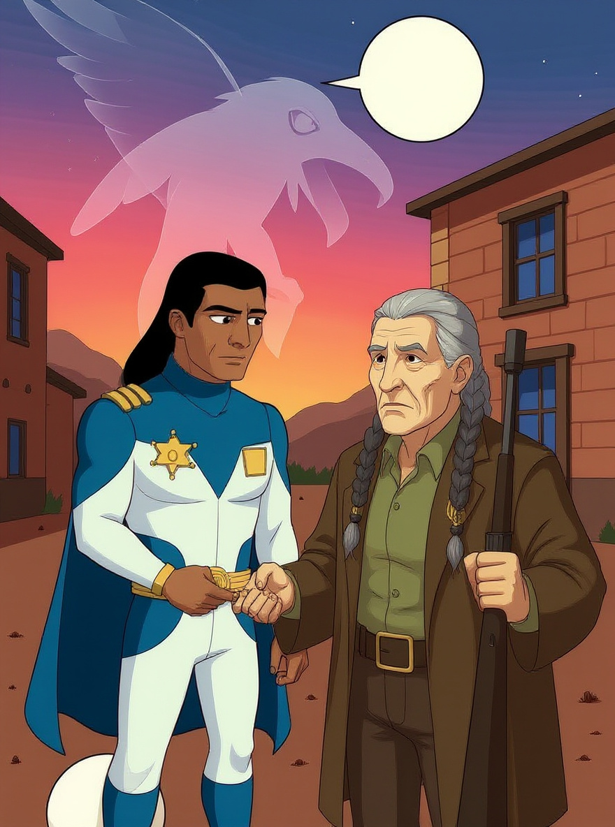 Side view: BraveStarr pledges, hand to heart, as the elder’s eyes glitter. Faint spirit-hawk silhouette glows above her. The colors are rich with sunset and spirit light.